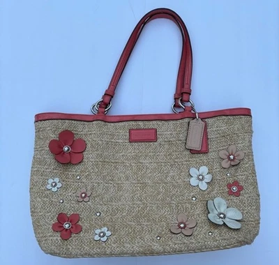 Coach Natural Straw Floral Leather Appliqué Shoulder Tote Bag Coral Peach F29861 - Image 1 of 4