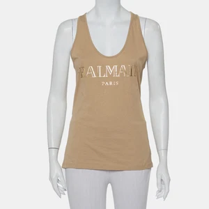 Balmain Beige Cotton Logo Printed Tank Top M - Picture 1 of 6