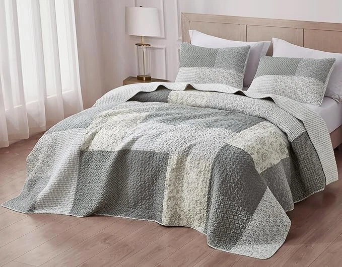 Juego de Edredón Talla King Floral Prelavado Algodón Silenciado Gris Blanco Marfil Cuadros Foto 1 de 4