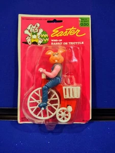 Wind up Rabbit on Tricycle Bike Easter Toy Plastic on Card NOS - Picture 1 of 6