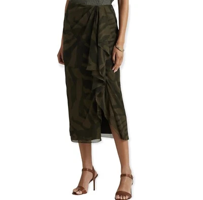 Ralph Lauren Women’s Zebra-Print Georgette Midi Skirt Ruffle Olive Size 2 NWT - Image 1 of 4