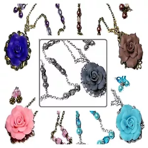 Rose and pearl long necklace COLOUR CHOICE optional earrings - Picture 1 of 9