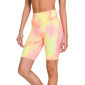 ZENANA XL Womens Neon Yellow/Pink Biker Yoga High Waist Athletic Tie Dye Shorts - Picture 1 of 6