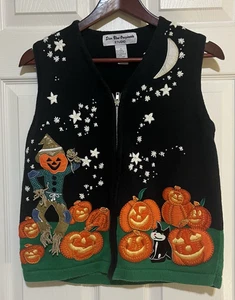 Vtg Star Blue Originals Halloween Knitted Vest Sz Small Full Zip Cat Pumpkin - Picture 1 of 17