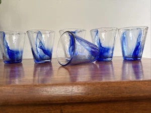 Set Of 6 Bormioli Rocco Murano Cobalt Blue Swirl Glasses Flat Low Tumblers 13oz - Picture 1 of 16
