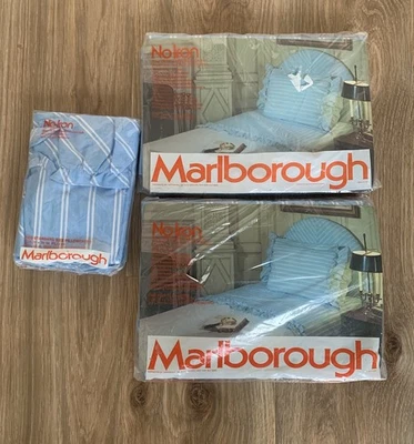 Vintage Blue Stipe Ruffle Full Sheet Set (Flat, Fitted Sheet & Cases) Malborough - Image 1 of 4