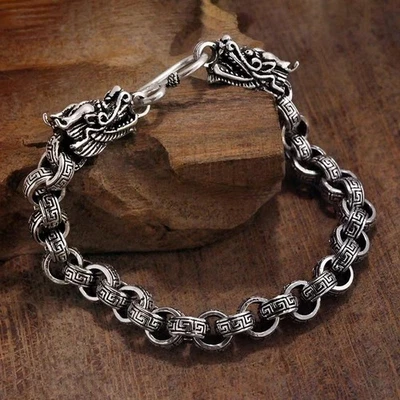 Винтажный браслет с головой дракона мужской посеребренный браслет ретро стиль - Изображение 1 из 4