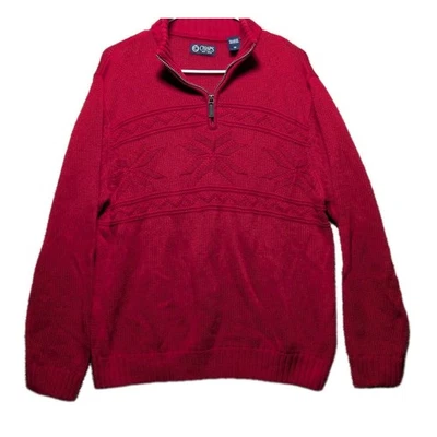 Chaps Mens 1/4 Zip Knit Sweater Size L Red Christmas Snowflake - Image 1 of 4