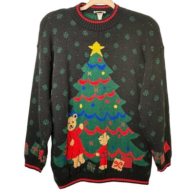 Pequeño Suéter Cascanueces Hecho en EE. UU. Acrílico Navidad Árbol y Osos Vacaciones Tejido Foto 1 de 4