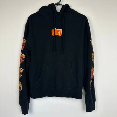 Obey Propaganda Womens Long Sleeve Flame Face Logo Black Pullover Hoodie Large  - Image 1 of 4