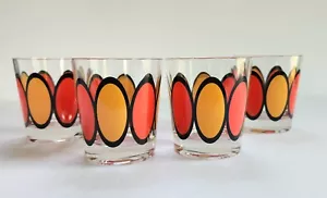4 Stck. Mod niedrige Kugelbrille fett Grafik orange rot oval kitschig Barware 60er-70er - Bild 1 von 9