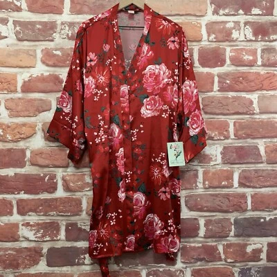 Soho Apparel Robe Womens 1X Red Multicolor Floral Satin Pool Spa Kimono Sleeves - Image 1 of 4