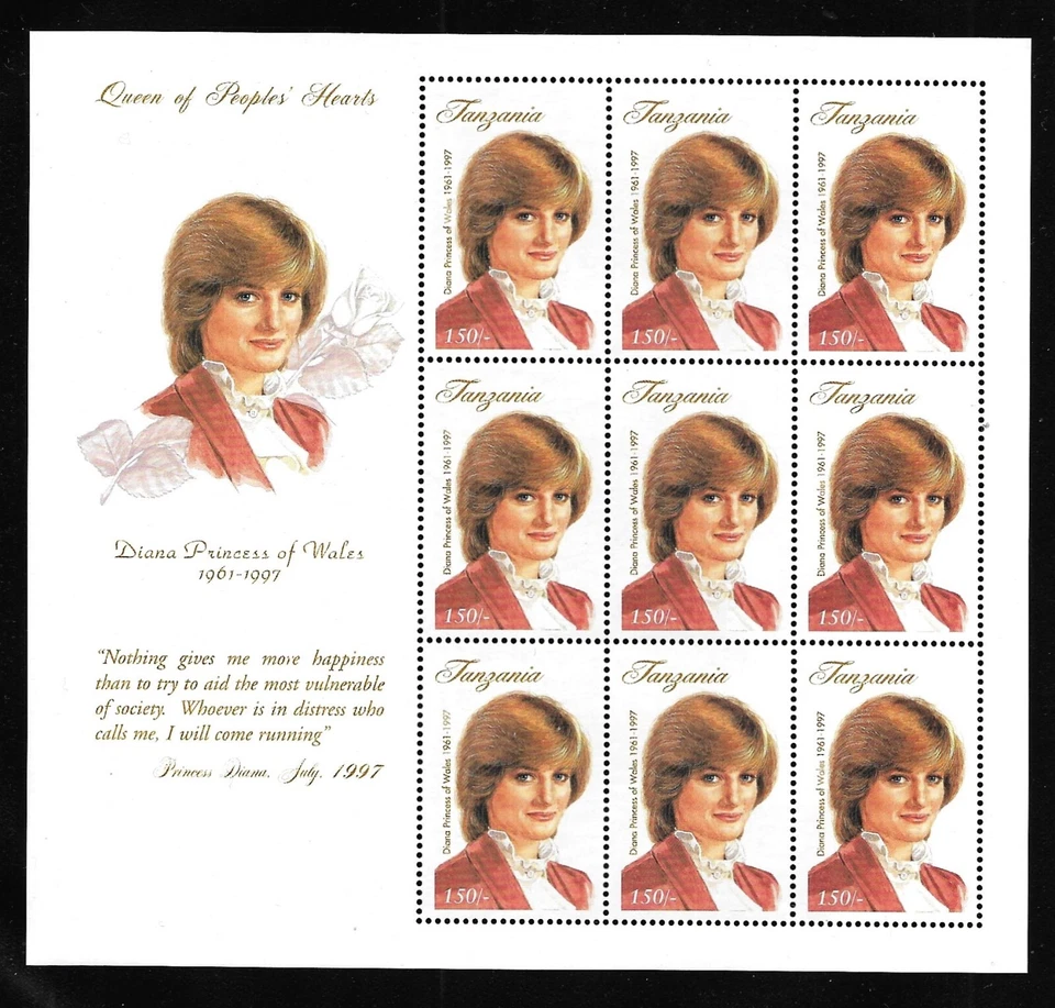 Hoja de recuerdo MNH Tanzania Sc# 1665 Reina de los Pueblos Corazones Princesa Diana 1997 Foto 1 de 1