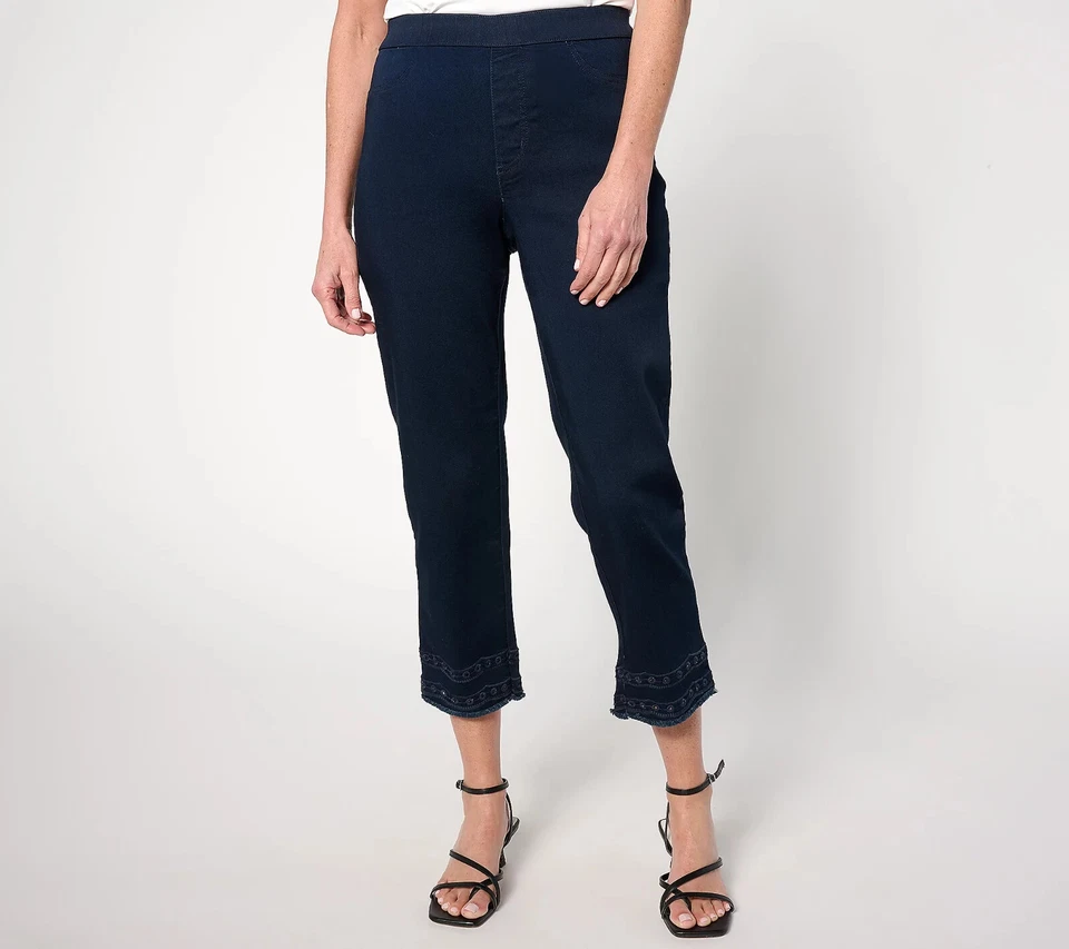 Susan Graver Soft Stretch PullOn Crop Jean wEyelet Hem-Drk Wash-Plus 22W A640313 - Image 1 of 1