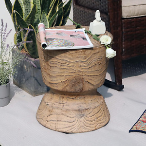 Outdoor Concrete Side Table, 14.6 Inch round Accent Table, Faux Wood Stump Stool