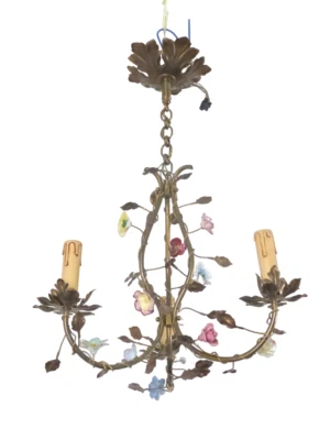 Gorgeous French Vintage brass Louis XVI Chandelier Porcelain Flower Foliage 1940 - Image 1 of 4