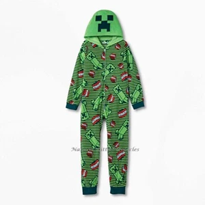 Minecraft One Piece Pajamas Creeper Hoodie Union Suit Boy Girl Costume Size 4-14 - Picture 1 of 3