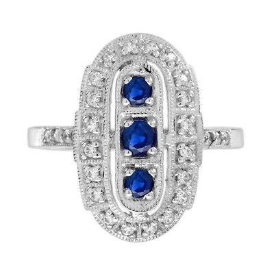 4K White Gold Natural Blue Sapphire Diamond Art Deco Style Three Stone Ring - Image 1 of 4