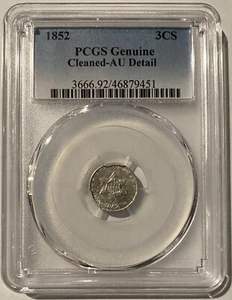 1852 3CS Star Three Cent Silver PCGS Genuine Cleaned AU Detail - Picture 1 of 2