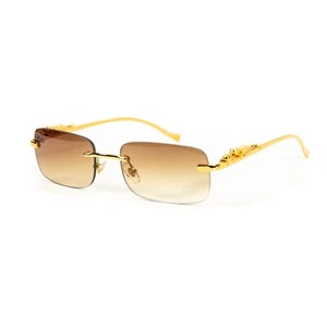Gold Frame Brown Rimless Luxury Leopard Arm Men Women Summer Shades Sunglasses - Picture 1 of 8