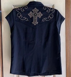 Scully Womens Western Shirt Sz M Snap Black Embroidered Cross Studs Cap Sleeves - Picture 1 of 15