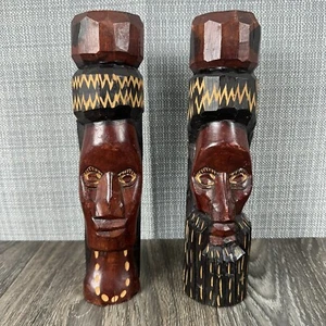 Vintage jamaikanische handgeschnitzte hölzerne Tiki Statuen Totem Mann Frau Paar Volkskunst 9,5 Zoll - Bild 1 von 15