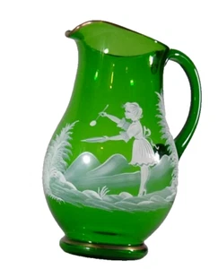 Mary Gregory Pitcher Green Handpainted Glass  woman gold trim faint pontil - Picture 1 of 14