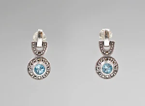 9927328 925er Argent Blautopas-Markasiten-Ohrringe Style Antique - Picture 1 of 1