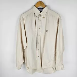Tommy Hilfiger Shirt Mens Size M Beige Crest Logo Long Sleeve Button Up Cotton - Picture 1 of 9
