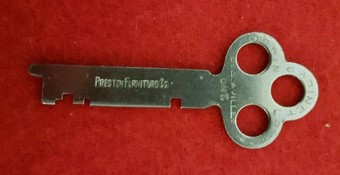Antique Cabinet Key. Corbin Cabinet Lock Co. Belleville, ONT. Preston Furniture Cover