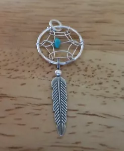 Sterling Silver 35x15mm Feather Indian Dreamcatcher Turquoise Charm - Picture 1 of 5