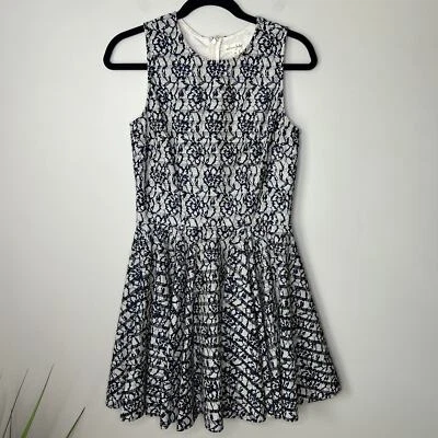 Maison Jules Fit & Flare Blue Floral Lace Overlaid on Cream Mini Dress SZ M - Image 1 of 4