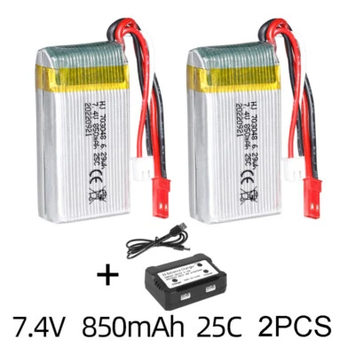 2Pcs 2S 850mAh 7.4V Lipo Battery SCX24 w/ JST Plug + 2 Port Charger 1/10 RC USA - Image 1 of 4