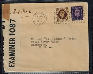 WWII England 1940 Censor Cover w/ Tape 1087 Type 1F London to Thief River Falls - Picture 1 of 1
