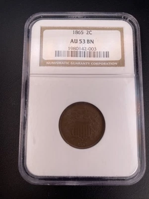 NGC AU-53 BN 1865 Two Cent Piece, Lustrous, Chocolate-Brown specimen. - Image 1 of 4