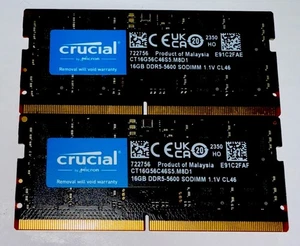 Crucial 32GB Kit 2 x 16GB 262-Pin DDR5 SODIMM 5600 PC5 44800 Laptop Memory - Afbeelding 1 van 1