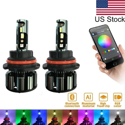 2Pcs 9004 9007 2 in 1 LED RGB W+ Multi-Color Headlight Bulbs Phone App Control - Image 1 of 4