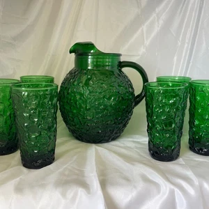 Vintage Anchor Hocking LIDO MILANO PITCHER & 6 GLASS TUMBLERS FOREST GREEN - Picture 1 of 16