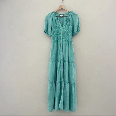 Sundance Seersucker Maxi Dress S Kelly Green  Tiered Smocked Puff Sleeve Boho - Image 1 of 4