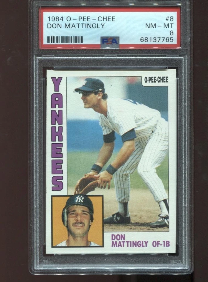 Tarjeta de radiocontrol Don Mattingly Rookie 1984 O-Pee-Chee #8 MLB New York Yankees PSA 8 casi nueva Foto 1 de 2