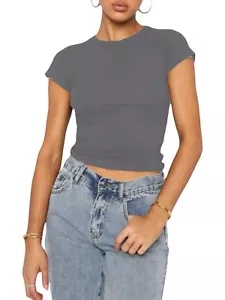 Women Short Sleeve Cropped Shirt Top - Round Neck Slim Fit Casual Tee - Picture 1 of 6