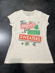 Womens Too Pretty For Ugly Sweaters Christmas Holiday Tee Shirt | Xmas | XL | - Picture 1 of 6