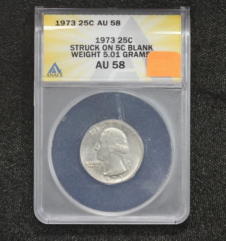 1973 Washington Quarter Struck on Nickel Planchet Error ANACS AU-58 3P9W Cover