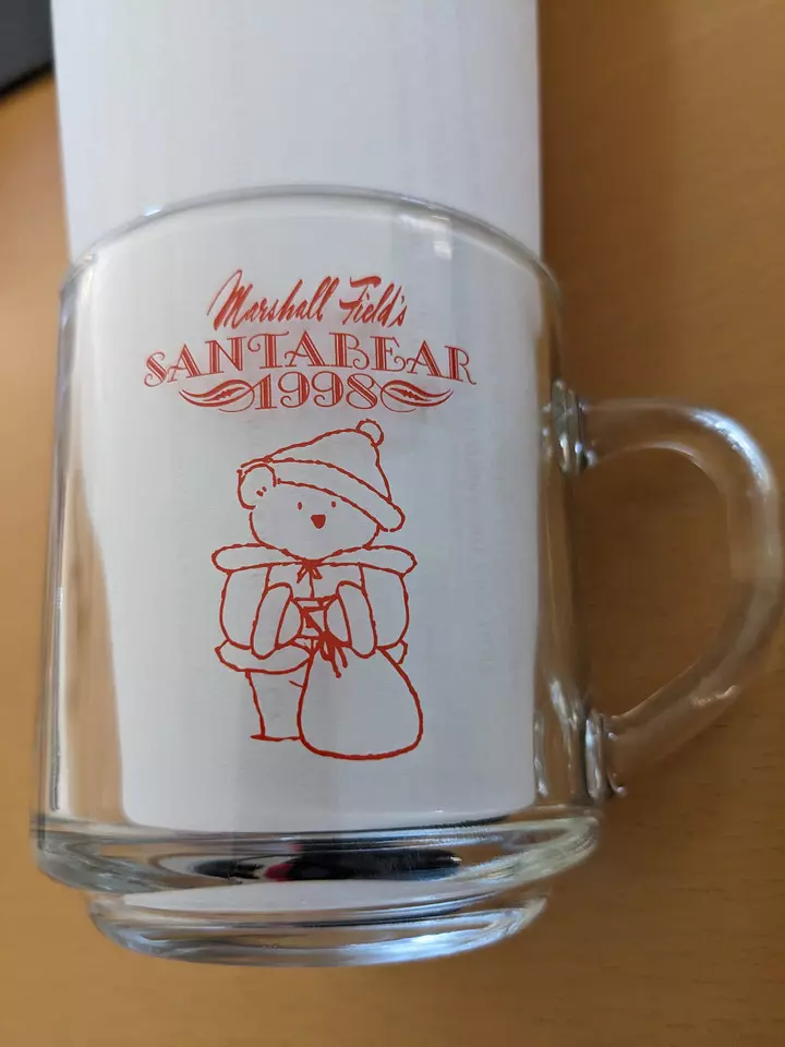 Vintage Marshall Fields 1998 Santa Bear Walnut Room Hot Chocolate Glass Mug - Image 1 of 1
