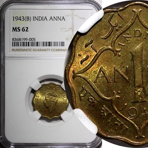 India-British George VI  Nickel-Brass 1943 (B) 1 Anna NGC MS62 KM# 537a (005) - Picture 1 of 5