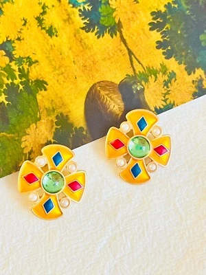 Cross Crystals Diamond Pearls Navy Red Green Retro Clip Earrings Gold Women Her - Image 1 of 4