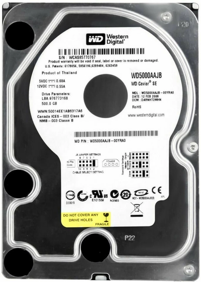 DISCO FISSO WD Caviar SE 500GB 7200RPM 8MB PATA ATA IDE WD5000AAJB 3.5'' Pollici - Immagine 1 di 3