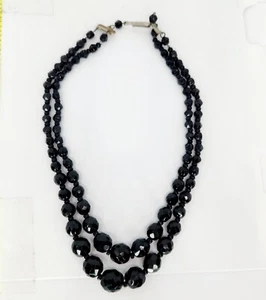 Collana Vintage Nero Jet Cristallo Sfaccettato Perline Doppio Filo Germania Ovest - Foto 1 di 6