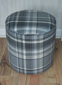 Circular Drum Footstool in Luxury Balmoral Tartan Dove Grey Check Wool Effect - Picture 1 of 6