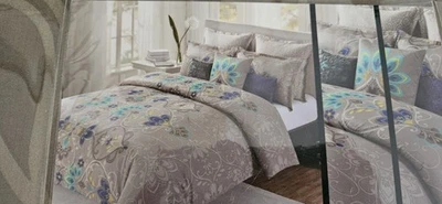 Juego de edredón Tahari Home completo/queen nuevo, 100 % algodón, gris, lavanda, verde azulado. Foto 1 de 4